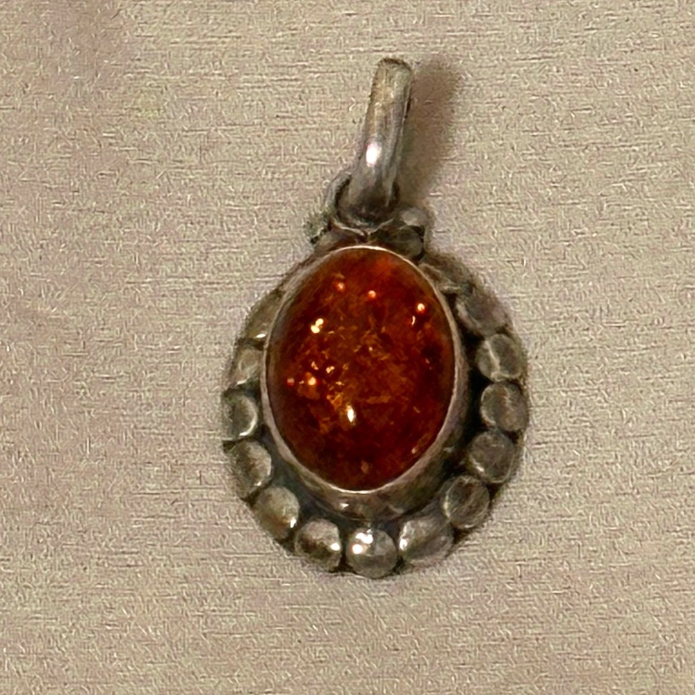 925 Sterling Silver Baltic Amber Pendant Genuine Vintage w/Dark Cognac Color